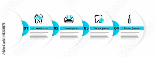 Set line Dental explorer scaler, protection, floss and Teeth with braces icon. Vector