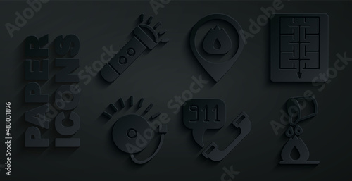 Set Telephone call 911, Evacuation plan, Ringing alarm bell, Bucket extinguishing fire, Location with flame and Flashlight icon. Vector