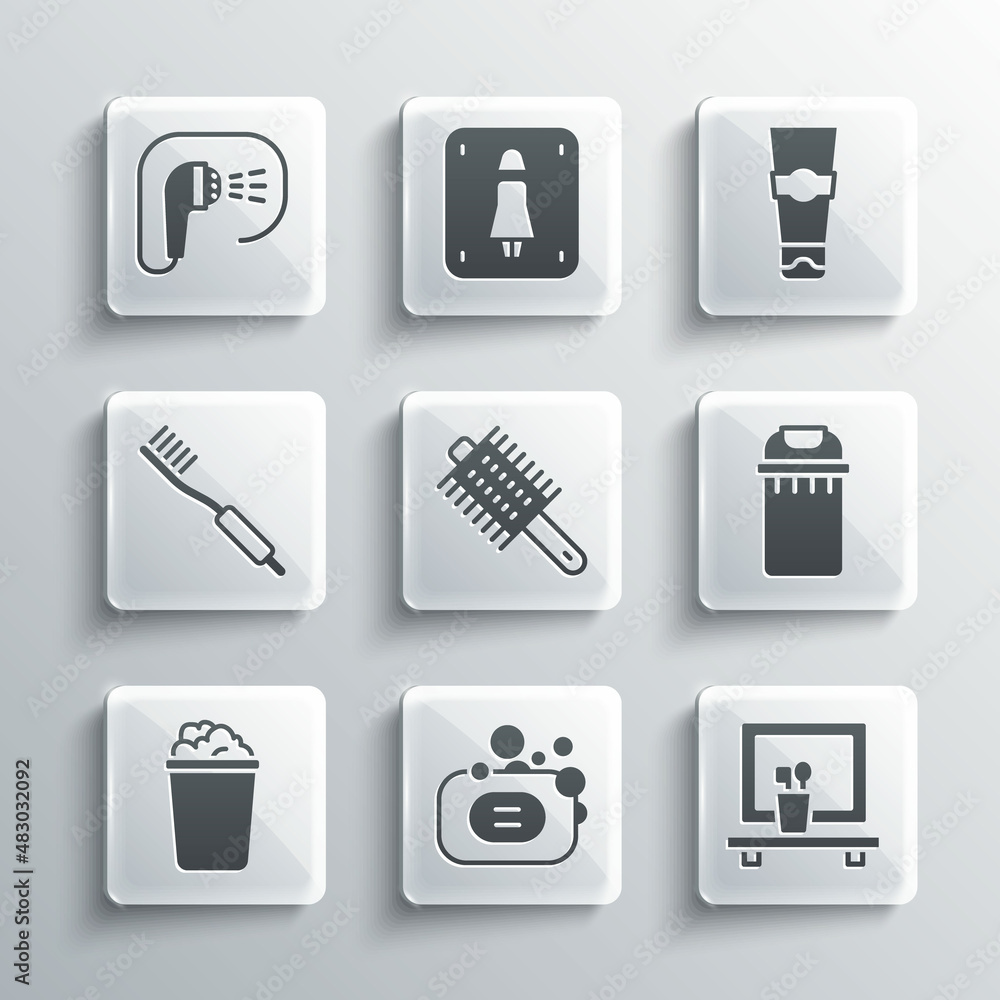 Set Bar of soap, Washbasin mirror, Trash can, Hairbrush, Bucket with suds, Toothbrush, Shower and Tube toothpaste icon. Vector Set Bar of soap, Washbasin mirror, Trash can, Hairbrush, Bucket with suds, Toothbrush, Shower and Tube toothpaste icon. Vector
