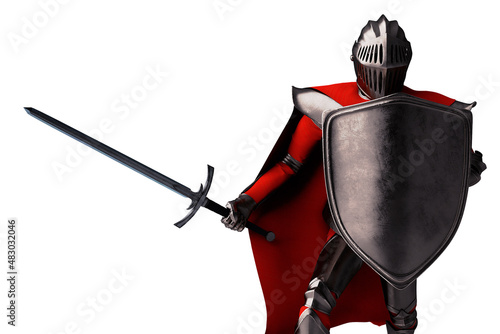 Knight with sword and metal shield on white background 3D illustration