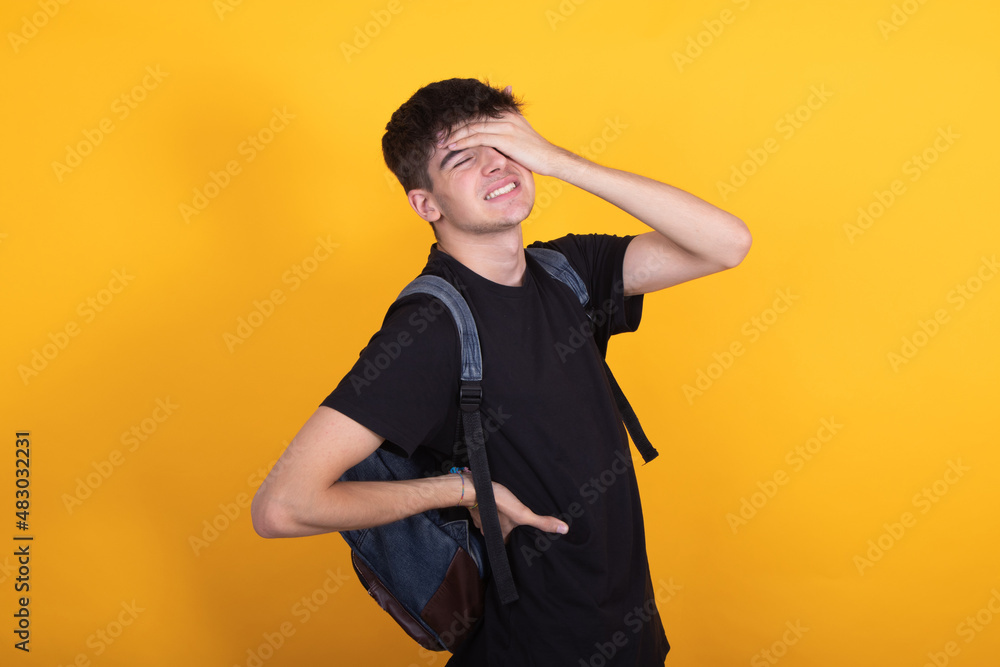 isolated student with backpack with back pain isolated student with backpack with back pain