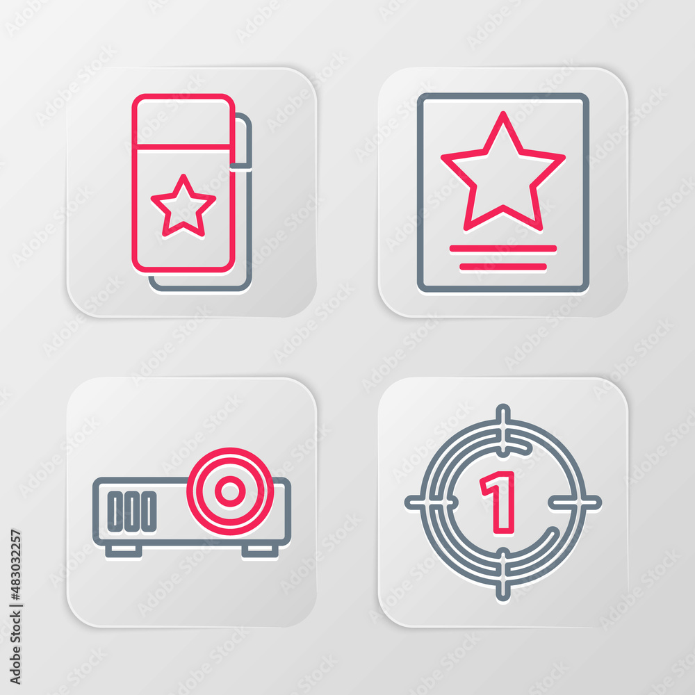 Set line Old film movie countdown frame, Media projector, Hollywood walk of fame star and Cinema ticket icon. Vector Set line Old film movie countdown frame, Media projector, Hollywood walk of fame star and Cinema ticket icon. Vector
