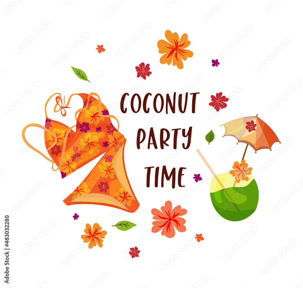Coconut Girl Party illustration. Vector clipart art with a coconut for