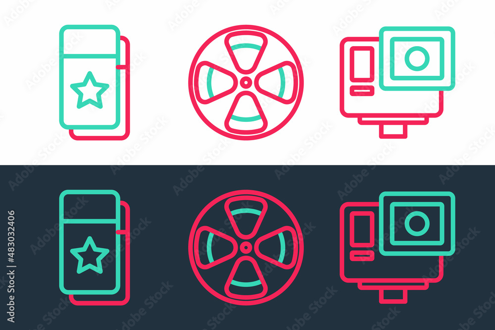 Set line Action extreme camera, Cinema ticket and Film reel icon. Vector Set line Action extreme camera, Cinema ticket and Film reel icon. Vector
