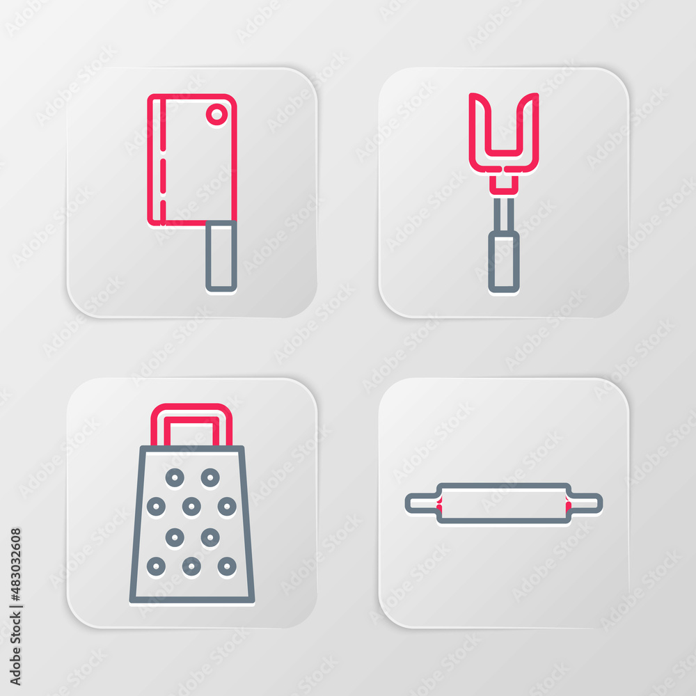 Set line Rolling pin, Grater, Barbecue fork and Meat chopper icon. Vector Set line Rolling pin, Grater, Barbecue fork and Meat chopper icon. Vector