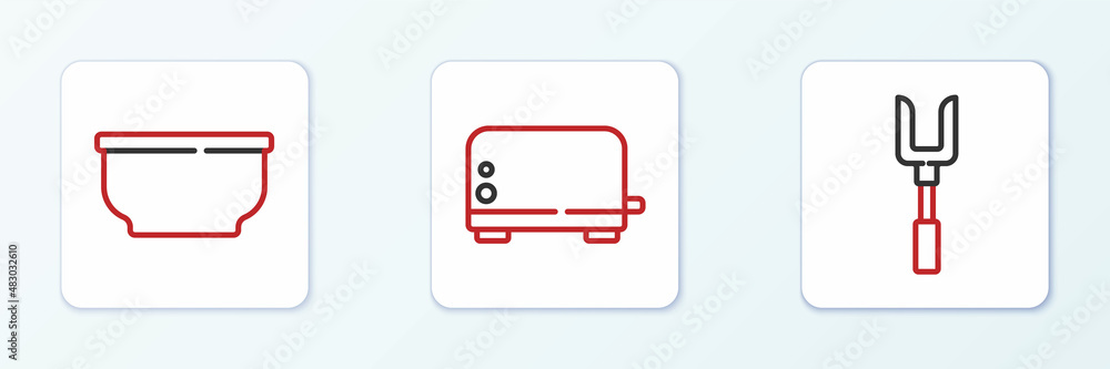 Set line Barbecue fork, Bowl and Toaster icon. Vector Set line Barbecue fork, Bowl and Toaster icon. Vector