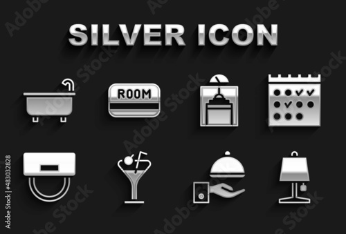 Set Martini glass, Hotel booking calendar, Table lamp, Covered with tray, Bellboy hat, Lift, Bathtub and key card icon. Vector