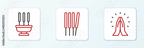 Set line Hands in praying position, Incense sticks and Aroma sticks, incense icon. Vector