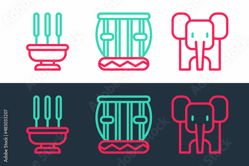 Set line Elephant, Incense sticks and Instrument tabla icon. Vector