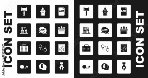Set Law book, Office folders, Judge gavel, Jurors, Evidence bag and bullet and Briefcase icon. Vector