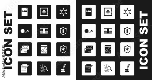 Set Hexagram sheriff, Bribe money cash, Ball chain, Law book, Justice law shield, Safe, Police badge and Envelope icon. Vector