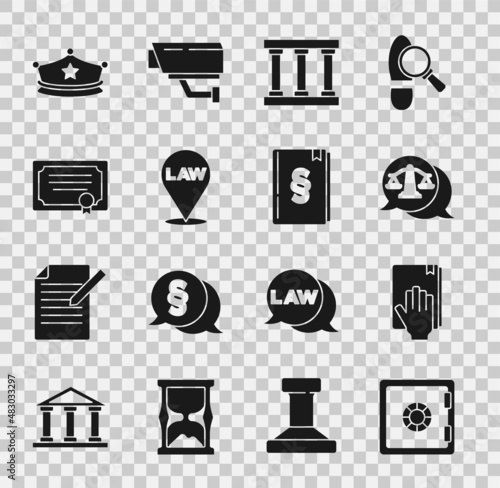 Set Safe, Oath on the Holy Bible, Scales of justice, Prison window, Location law, Certificate template, Police cap with cockade and Law book icon. Vector
