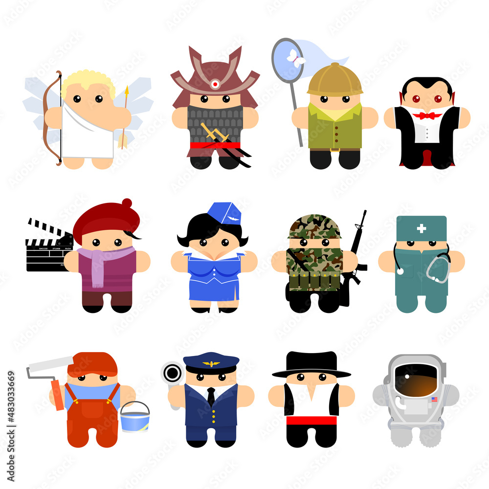 Set of funny cartoon characters: cupid, samurai, botanist, vampire, director, stewardess, military, doctor, builder, railwayman, astronaut