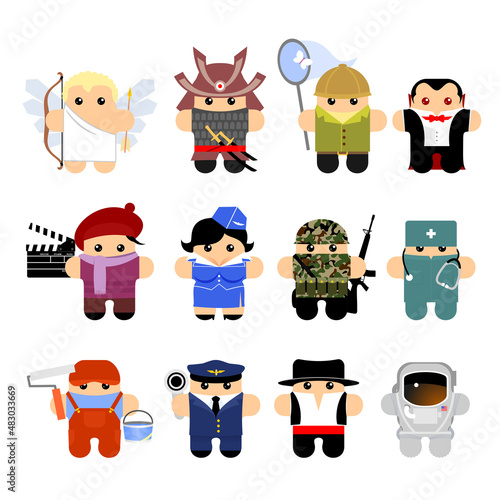 Set of funny cartoon characters: cupid, samurai, botanist, vampire, director, stewardess, military, doctor, builder, railwayman, astronaut © Derter