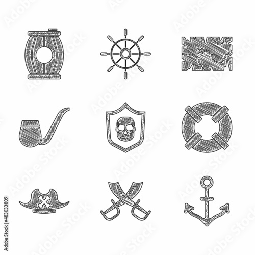 Set Shield with pirate skull, Crossed swords, Anchor, Lifebuoy, Pirate hat, Smoking pipe, treasure map and Gun powder barrel icon. Vector