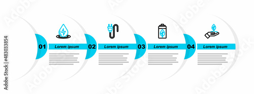 Set line Plant in hand, Eco nature leaf battery, Electric plug and Water energy icon. Vector
