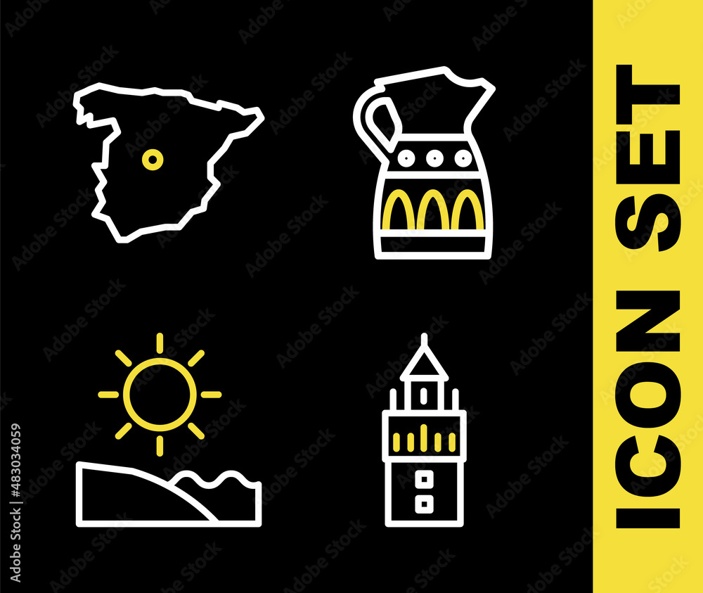 Fototapeta premium Set line Sangria pitcher, Giralda, Beach and Map of Spain icon. Vector