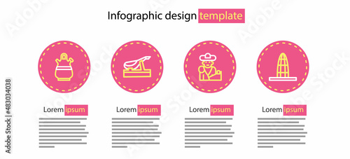 Set line Bullfight, matador, Agbar tower, Spanish jamon and Sangria pitcher icon. Vector