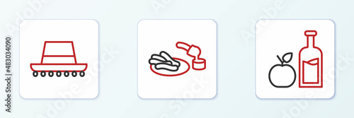 Set line Apple cider bottle, Spanish hat and Churros and chocolate icon. Vector