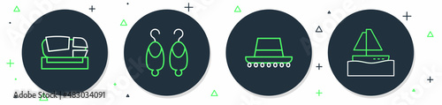 Set line Earrings, Spanish hat, Stadium Mestalla and Yacht sailboat icon. Vector