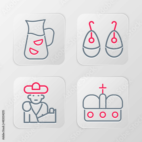 Set line Crown of spain, Bullfight, matador, Earrings and Sangria icon. Vector