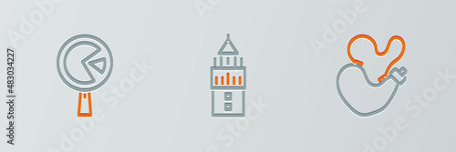 Set line Spanish wineskin, Omelette frying and Giralda icon. Vector