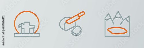 Set line Canadian lake, Montreal Biosphere and Peameal bacon icon. Vector