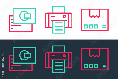 Set line Carton cardboard box, Business and Printer icon. Vector