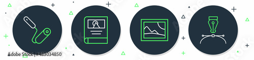 Set line Photo album gallery, Picture landscape, Paint roller brush and Fountain pen nib icon. Vector