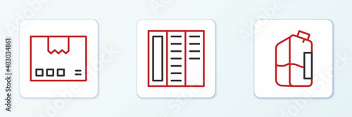 Set line Printer ink bottle, Carton cardboard box and Brochure icon. Vector
