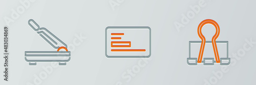 Set line Binder clip, Paper cutter and Business card icon. Vector