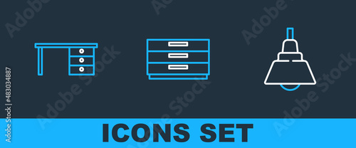 Set line Chandelier, Office desk and Chest of drawers icon. Vector