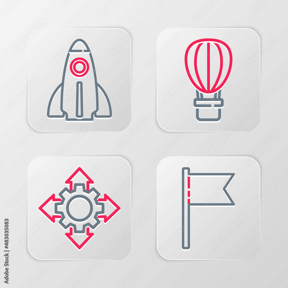 Set line Location marker, Project team base, Hot air balloon and Startup project concept icon. Vector Set line Location marker, Project team base, Hot air balloon and Startup project concept icon. Vector