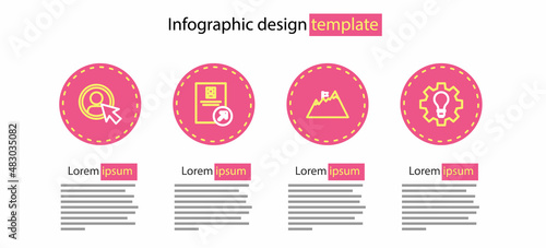 Set line Mountains with flag, Light bulb and gear, Job promotion and Create account screen icon. Vector
