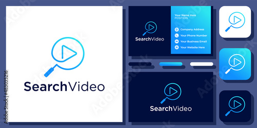 Search Video Magnifying Glass Play Button Find Movie Website Vector Logo Design with Business Card