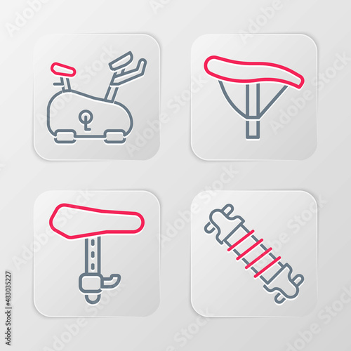 Set line Bicycle suspension, seat, and Stationary bicycle icon. Vector