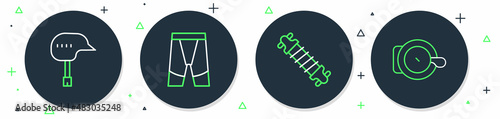 Set line Cycling shorts, Bicycle suspension, helmet and bell icon. Vector