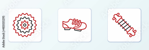 Set line Bicycle suspension, cassette and shoes icon. Vector