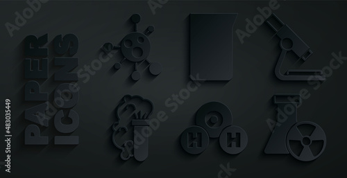 Set Chemical formula for H2O, Microscope, explosion, Test tube radiation, Laboratory glassware beaker and Molecule icon. Vector