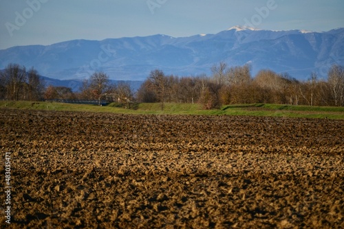 field of wheat on winter against a background of  mountains in Tuscany land, Italy