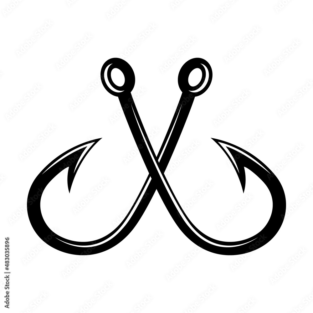 Crossed fishing hooks. Design element for logo, label, sign, badge