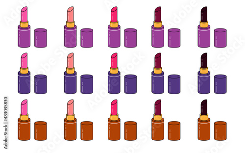 Set of colored lipsticks. Red, pink, pastel, wine and dark lipstick. Vector illustration isolated on white background