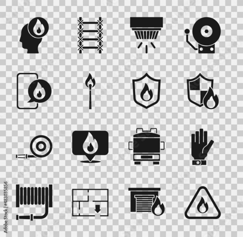 Set Fire flame in triangle, Firefighter gloves, protection shield, Smoke alarm system, Burning match with fire, Phone emergency call 911, and icon. Vector