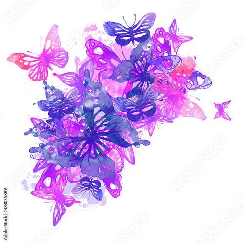 Amazing background with butterflies and flowers painted with watercolors