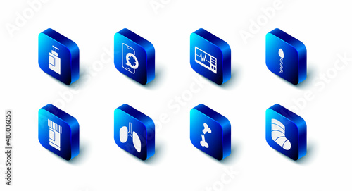 Set Emergency phone call, Monitor with cardiogram, Sperm, Gypsum, Human broken bone, Lungs, Medicine bottle and pills and Hand sanitizer icon. Vector