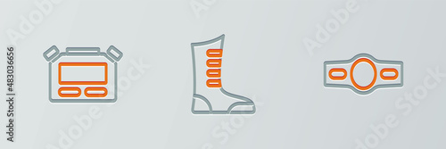 Set line Boxing belt, Stopwatch and Sport boxing shoes icon. Vector