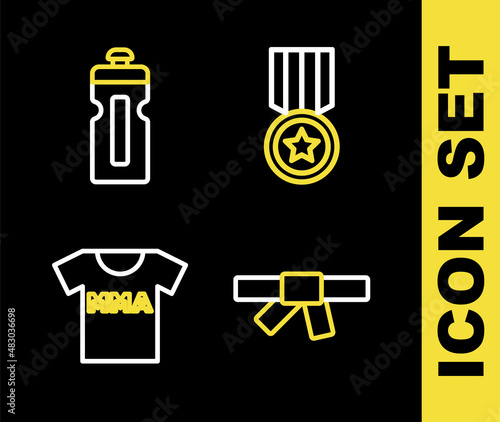Set line Medal, Black karate belt, T-shirt with fight club MMA and Fitness shaker icon. Vector