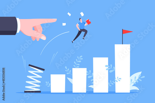 Business mentor helps to improve career with springboard vector illustration. Business person jumps above career ladder graph. Success growth, motivation opportunity, boost career concept.