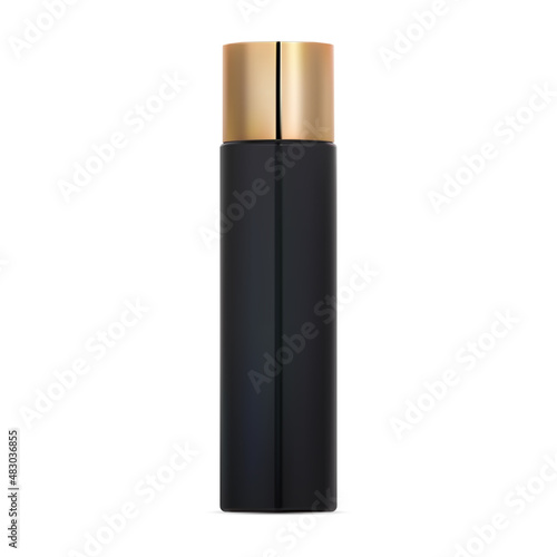 Cosmetic toner bottle, gold lid. Skin beauty tall bottle vector blank. Liquid facial moisture, skinkare product gloss plastic tube. Moisturizer gel plastic template, face water box, isolated