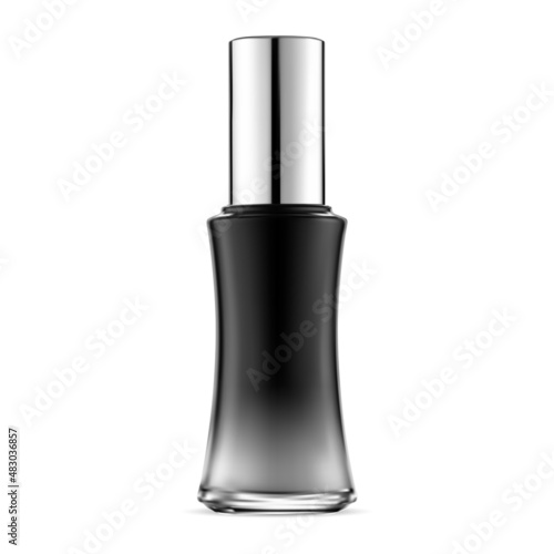 Face primer dropper bottle. Nail polish bottl, isolated glass mockup. Cosmetic serum jar, black glass cylinder packaging. Manicure glue or nail essence product container